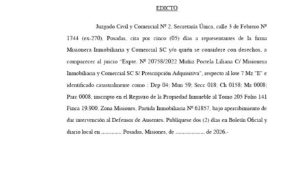 el-juzgado-civil-y-comercial-no-2-cita-a-representantes-de-la-firma-misionera-inmobiliaria-y-comercial-sc-y/o-quien-se-considere-con-derechos,-a-comparecer-al-juicio