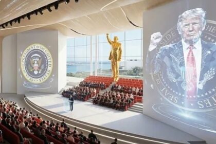 donald-trump-mostro-como-sera-su-biblioteca-en-miami,-protagonizada-por-una-estatua-dorada-gigante-de-el-mismo