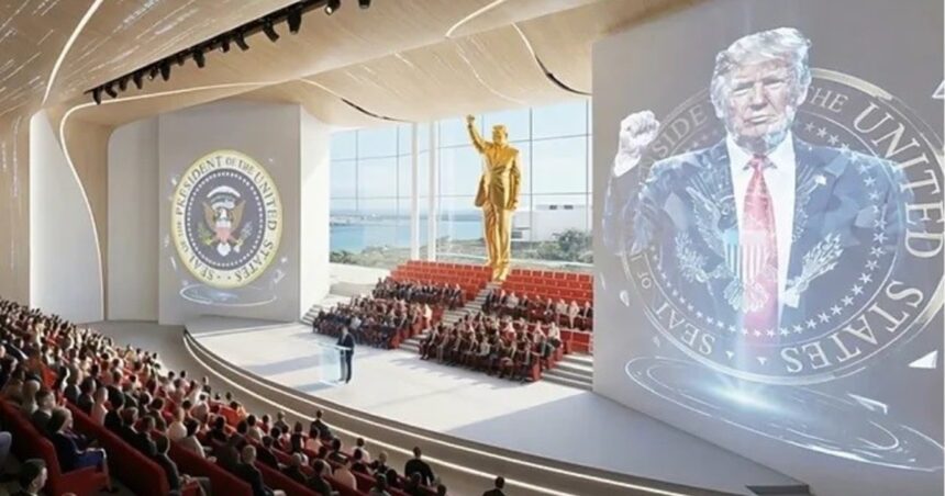 donald-trump-mostro-como-sera-su-biblioteca-en-miami,-protagonizada-por-una-estatua-dorada-gigante-de-el-mismo