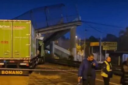 impactante-derrumbe-en-panamericana:-un-camion-choco-un-puente-y-lo-hizo-colapsar-en-plena-madrugada