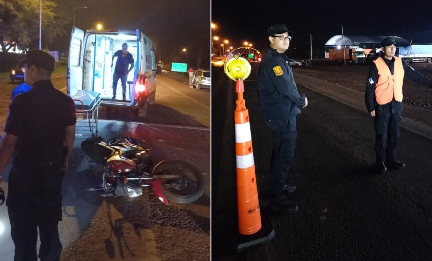 siniestro-vial-en-puerto-esperanza:-un-motociclista-resulto-gravemente-herido-tras-chocar-con-un-auto-en-la-rotonda