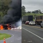 caminhao-tomba,-pega-fogo-e-bloqueia-totalmente-a-br-376-em-ortigueira