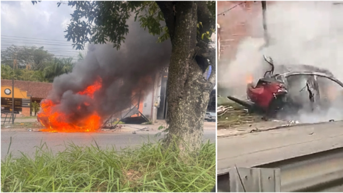 ataque-sicarial-contra-comerciante-en-la-via-piedecuesta-floridablanca,-santander,-provoco-el-choque-e-incendio-de-un-vehiculo-que-dejo-seis-heridos