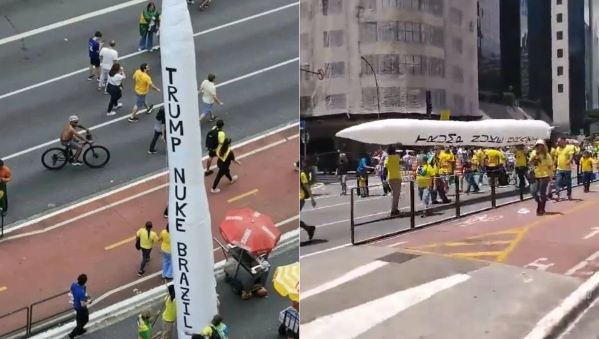 manifestantes-pro-flavio-bolsonaro-exibem-missil-inflavel-com-pedido-de-ataque-nuclear-ao-brasil;-veja-o-video